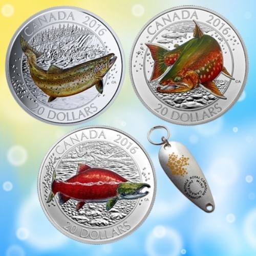 2016 CANADIAN SALMONIDS  3-COIN SET WITH FISHING LURE