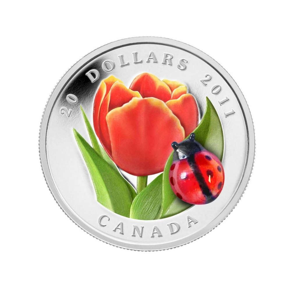2011 Canada 20 Tulip with Venetian Glass Ladybug Fine Silver Coin