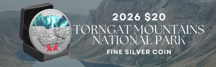 Reverse side of the 2026 twenty dollar silver coin featuring a colorful Torngat Mountains landscape with a caribou, aurora borealis, and two red Adirondack chairs.