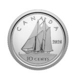 2026 Canadian 10-cent coin depicting the famous Bluenose schooner under full sail.