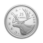 2026 Canadian 25-cent coin featuring the profile of a caribou with large antlers.