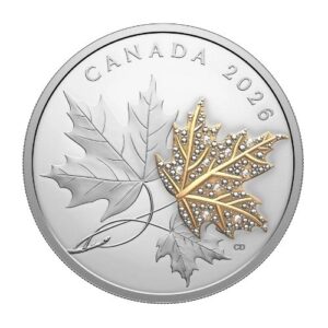 Reverse side of the 2026 Canadian 30 Dollar Precious Maple Leaves fine silver coin featuring a gold-plated leaf with diamond-like embellishments.