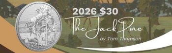 Banner for the 2026 $30 fine silver coin "The Jack Pine" by Tom Thomson, featuring the original painting in the background.