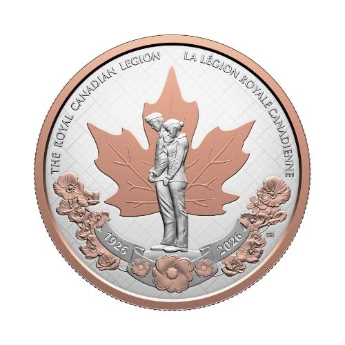 Reverse of the 2026 Canadian silver dollar showing two veterans standing before a maple leaf, surrounded by poppies.
