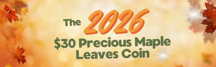 Autumn-themed promotional banner for the 2026 30 Dollar Precious Maple Leaves coin with a blurred forest background.