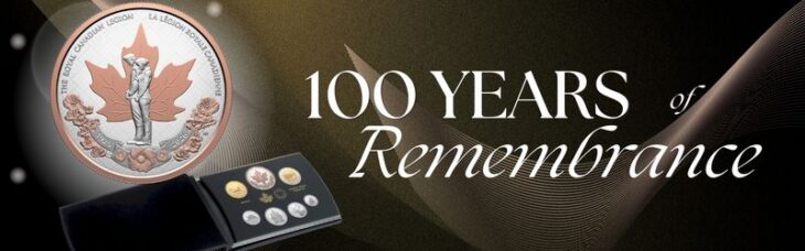 Promotional banner for the 2026 Fine Silver Proof Set featuring "100 Years of Remembrance" text alongside the Legion anniversary coin and full set.