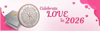 Promotional banner for the 2026 Celebrate Love coin showing the coin next to its premium grey and gold gift box.