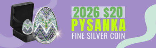 Promotional banner for the 2026 $20 Pysanka Fine Silver Coin featuring a purple and green egg-shaped coin next to its black display case.