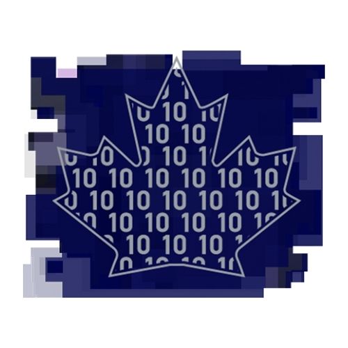 A dark blue image of a graphic design featuring a white-outlined maple leaf filled with rows of small "10"s.