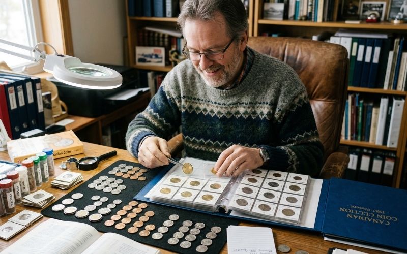 A man wearing glasses and a patterned sweater smiles as he uses tweezers to carefully examine and organize silver and copper coins on a black velvet mat.