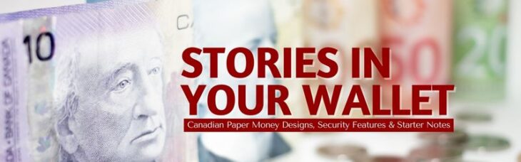 A close-up view of the front of a Canadian paper ten-dollar banknote with bold red text overlay saying "STORIES IN YOUR WALLET".