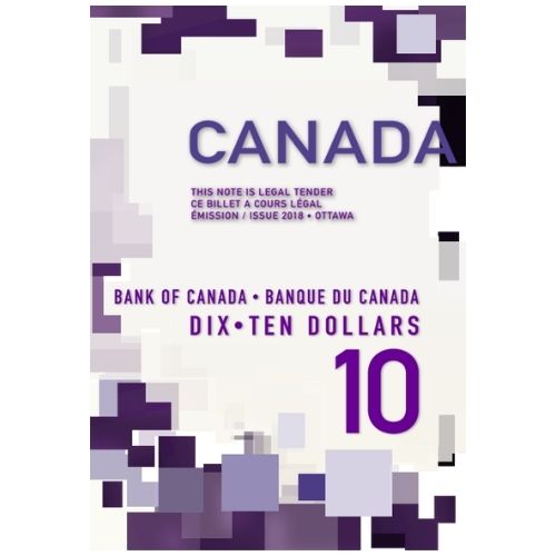 The front of a Canadian 10-dollar banknote is shown with purple and grey pixelated patterns and the large vertical text "CANADA".