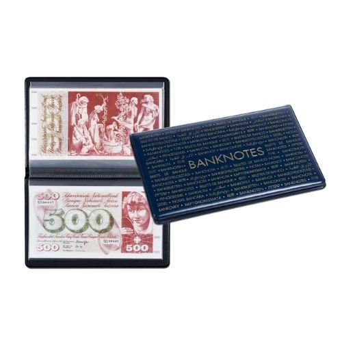 A dark blue hardcover banknote album is shown both open and closed, displaying banknote specimens and the word "BANKNOTES" embossed in multiple languages on the cover.