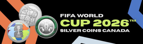 A promotional banner showcasing three 2026 FIFA World Cup silver coins from the Royal Canadian Mint on a purple and teal background.