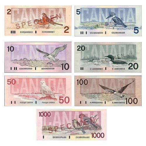 Seven different denominations of historical Canadian banknotes from the "Birds of Canada" series, each featuring a specific Canadian bird species.