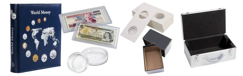 An array of coin collecting supplies including a blue "World Money" album, currency sleeves, coin flips, a storage box, and an aluminum carrying case.