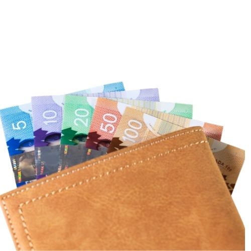 Several Canadian polymer banknotes (5, 10, 20, 50, and 100 dollar bills) are displayed, neatly arranged and peeking out from the top edge of a closed, light-brown textured wallet.