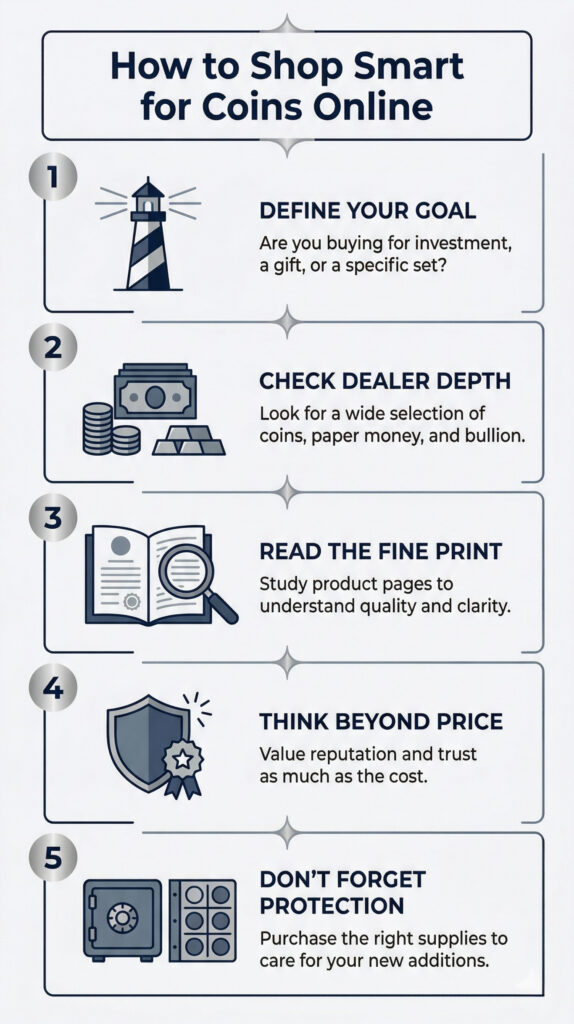 For an SEO specialist managing high-quality content, descriptive and contextually relevant metadata is key. Here are the optimized attributes for the infographic you provided: Infographic Metadata Image Title Guide-How-to-Shop-Smart-for-Coins-Online-Infographic Alt Text Infographic titled "How to Shop Smart for Coins Online" featuring five numbered steps: Define Your Goal, Check Dealer Depth, Read the Fine Print, Think Beyond Price, and Don't Forget Protection.