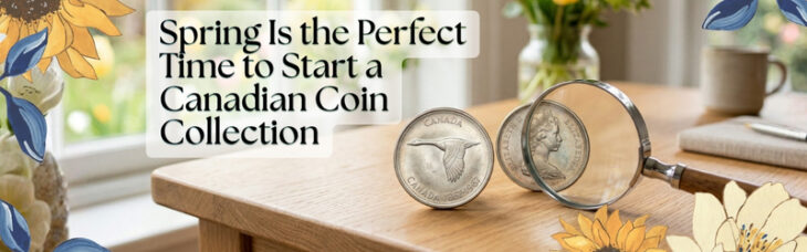 A bright, sunny banner featuring the text "Spring Is the Perfect Time to Start a Canadian Coin Collection" next to a 1967 Centennial goose dollar and a magnifying glass on a wooden desk.