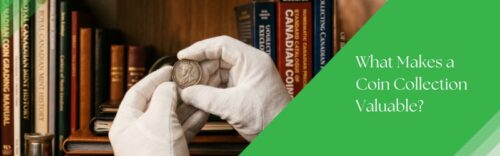 A person wearing white cotton gloves inspecting a rare coin in front of a bookshelf filled with Canadian coin grading manuals and numismatic history books.
