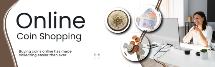 A horizontal banner titled "Buying Coins Online in Canada: How to Shop Smart and Build a Better Collection" featuring a laptop displaying a coin website, a credit card, and several silver coins on a desk.