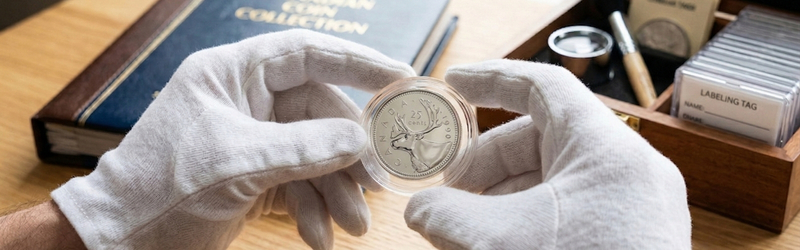 Close-up of a person wearing white cotton gloves holding a 1990 Canadian 25-cent coin protected in a clear plastic capsule, with a wooden storage box and labeling tags in the background.