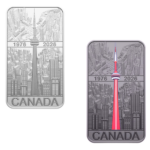 Two rectangular silver bars featuring the CN Tower and Toronto skyline, one in plain silver and one with a red-colored tower, marked 1976-2026.