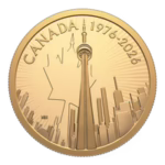2026 Canadian 0 pure gold coin commemorating the 50th anniversary of the CN Tower, featuring a skyline design and the dates 1976-2026.