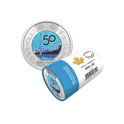 Canadian 2026 colored two-dollar coin for the CN Tower 50th anniversary next to a blue-labeled bank roll of  in Toonies.