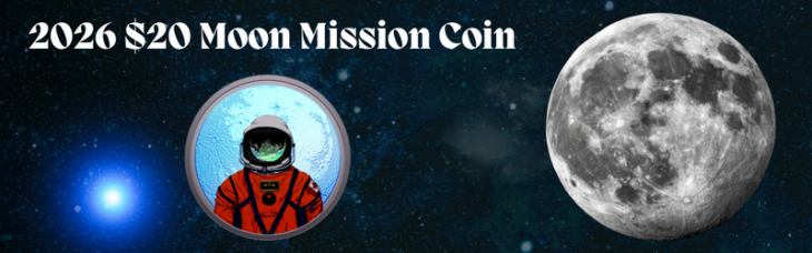 Promotional banner for the 2026 $20 Moon Mission silver coin featuring an astronaut design, a large moon, and a glowing blue star in outer space.