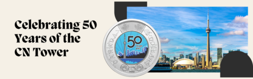 Promotional banner reading "Celebrating 50 Years of the CN Tower" featuring a commemorative 2026 Toonie and the Toronto city skyline.