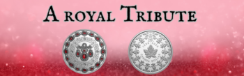 A pink glittery blog banner titled A Royal Tribute featuring two 2026 Canadian commemorative coins honoring Queen Elizabeth II's 100th birthday.
