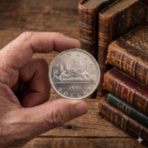 A person holding a 1965 Canadian Silver Dollar coin featuring the Voyageur canoe design against a background of old books.