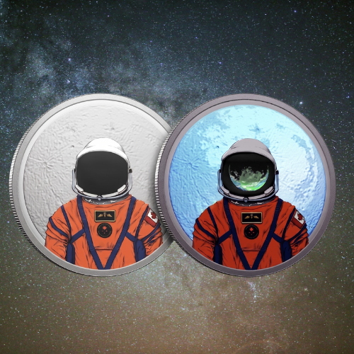 Two 2026 Canadian silver coins depicting an astronaut in an orange suit with a blue moon background, highlighting the artistic detail of the Moon Mission series.