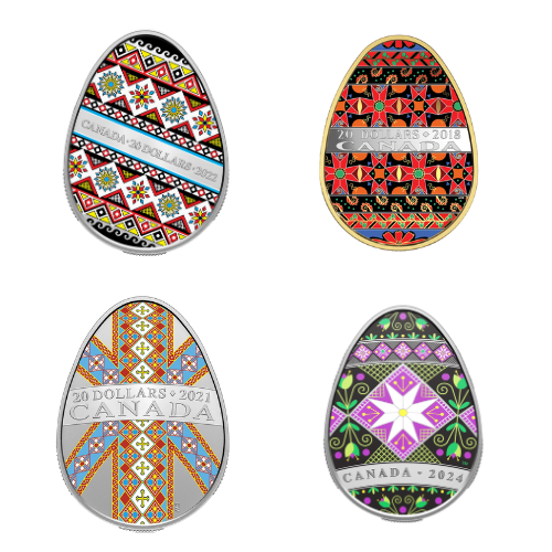Four egg-shaped Royal Canadian Mint Pysanka silver coins showcasing traditional Ukrainian folk patterns in vibrant red, gold, blue, and purple colors.