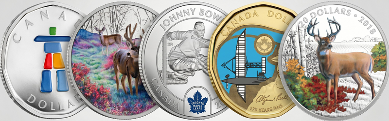 A collection of colorful Royal Canadian Mint silver and gold coins featuring various themes like wildlife, hockey, Canadian history, and indigenous art.