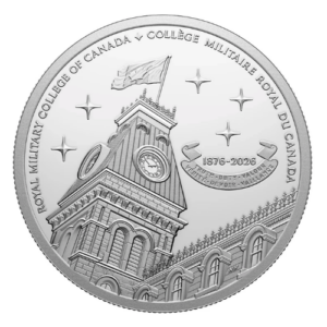 Reverse side of a silver coin featuring the Royal Military College of Canada clock tower, five stars, a Canadian flag, and the dual-language college name.