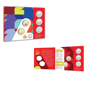 Open and closed views of the colorful Royal Canadian Mint 5-coin circulation set folder for the 2026 FIFA World Cup.