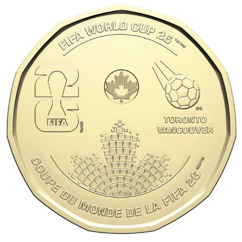 Engraved reverse side of the 2026 non-colourized Canadian one-dollar coin celebrating the FIFA World Cup with host cities Toronto and Vancouver.