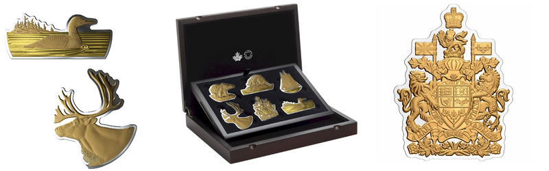 A collection of uniquely shaped gold-plated coins custom-cut to the outlines of iconic Canadian symbols, shown individually and arranged inside a wooden display case.