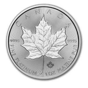 Reverse side of a 2025 Canadian one ounce pure platinum Maple Leaf bullion coin