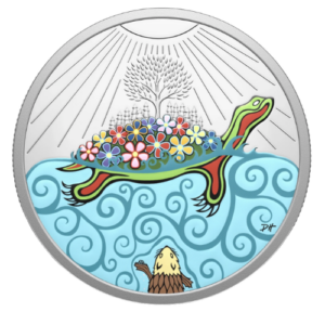 A Canadian silver collector coin featuring an Indigenous illustration of a turtle carrying an island of flowers and a tree on its back