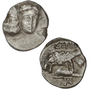 Obverse and reverse views of an ancient Greek silver drachm coin from Moesia