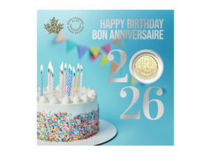 Royal Canadian Mint 2026 Happy Birthday gift set card featuring a decorated birthday cake and a collector dollar coin