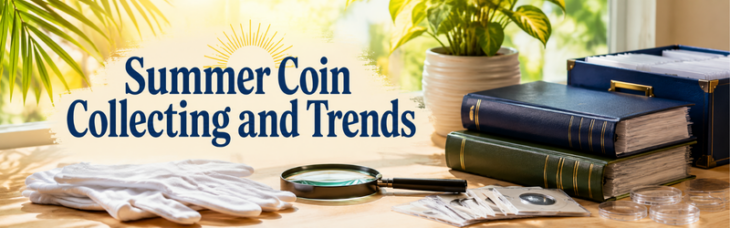 A sunny numismatic web banner titled Summer Coin Collecting and Trends showing coin albums, gloves, and a magnifying glass