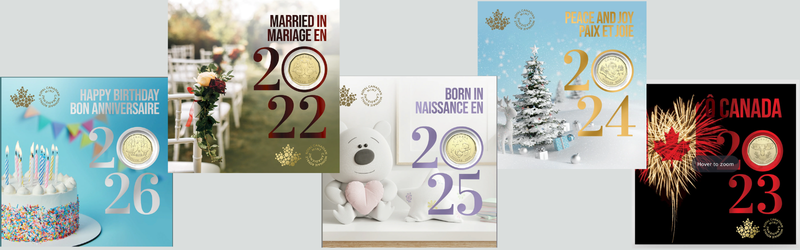 A collage of five different Royal Canadian Mint collector coin gift sets for birthdays, weddings, new babies, holidays, and Canada Day