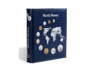A dark blue leatherette World Money coin album with a silver world map design