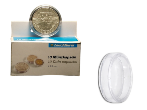 Leuchtturm package of ten 32 millimeter coin capsules next to an empty clear plastic capsule