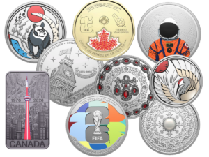 A collage of various modern Canadian collector coins from the Royal Canadian Mint including FIFA World Cup and Clan Animals themes