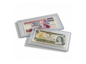 Two clear semi-rigid plastic currency sleeves protecting a Turkish and a Canadian banknote
